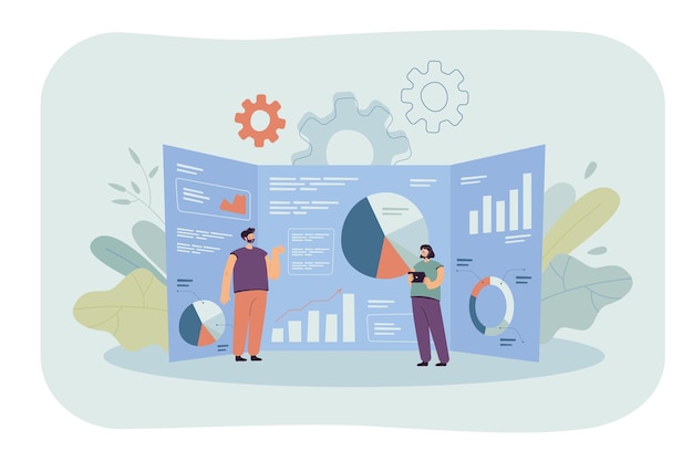 Free Vector cartoon tiny analysts and giant research dashboard with data. flat illustration.