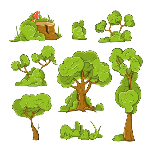 Free Vector cartoon trees and bushes vector set. plant tree, bush and green tree, forest tree illustration