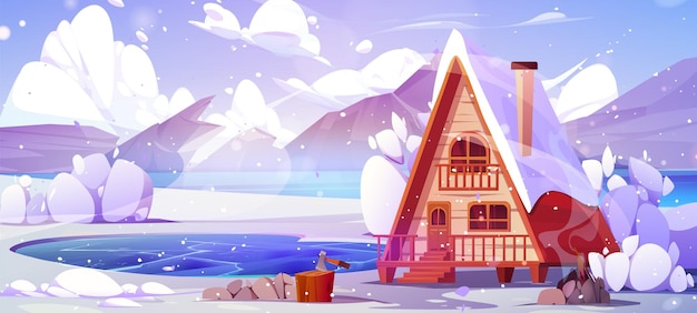 Free Vector cartoon winter landscape with wooden cabin