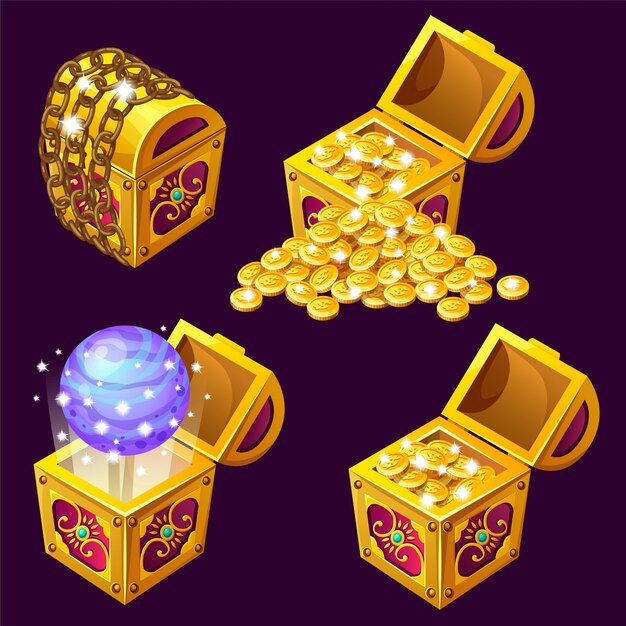 Cartoon wooden isometric chests with treasures