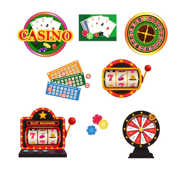 Casino items set playing cards and poker chips roulette lotto slot machines Gambling big money wins and losses check your luck gambling industry entertainment sport or hobby concept
