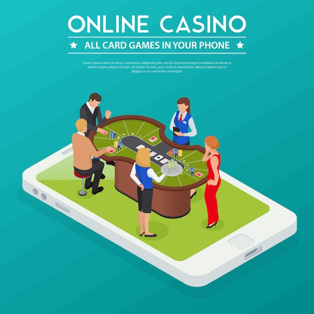 Free Vector casino online cards games from smartphone or tablet isometric composition with players on device screen