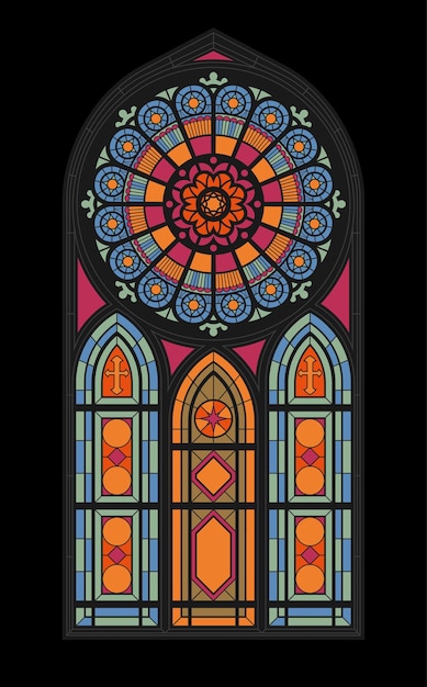 Free Vector central vertical stained glass mosaic window of the gothic church flat vector illustration