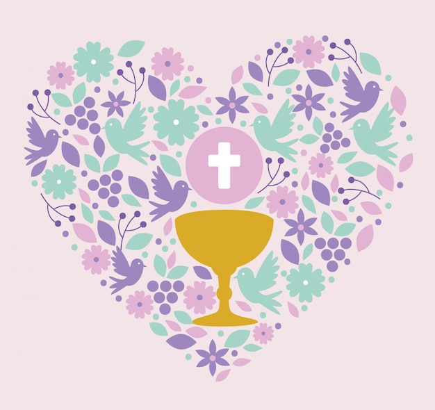 Free Vector chalice with holy host and doves inside heart to event