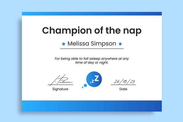 Champion of the nap joke certificate template design