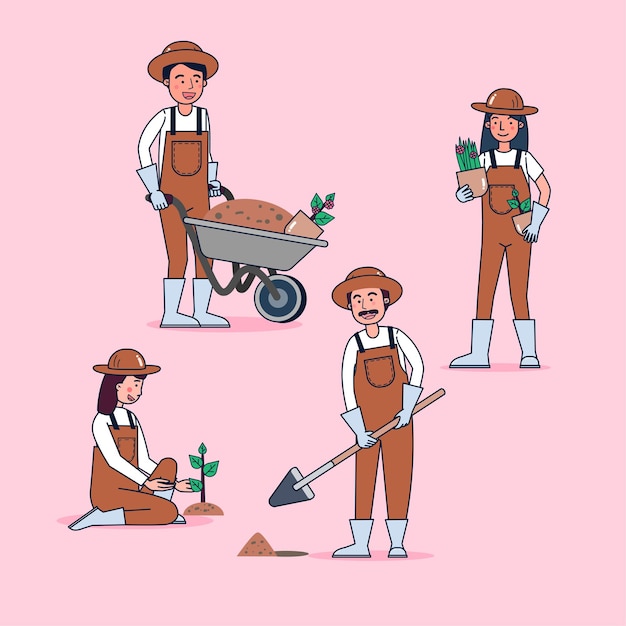 Free Vector character collection of gardener big set isolated flat   illustration wearing professional uniform, cartoon style