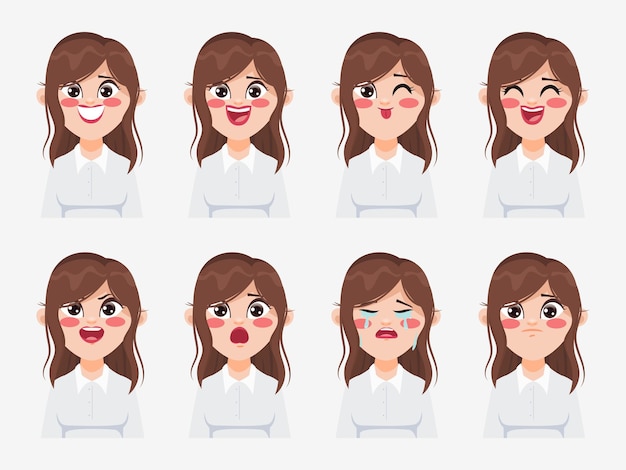 Free Vector character showing emotions face clip art beautiful woman in white shirt