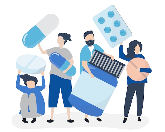 Free Vector characters of people holding pharmaceutical icons