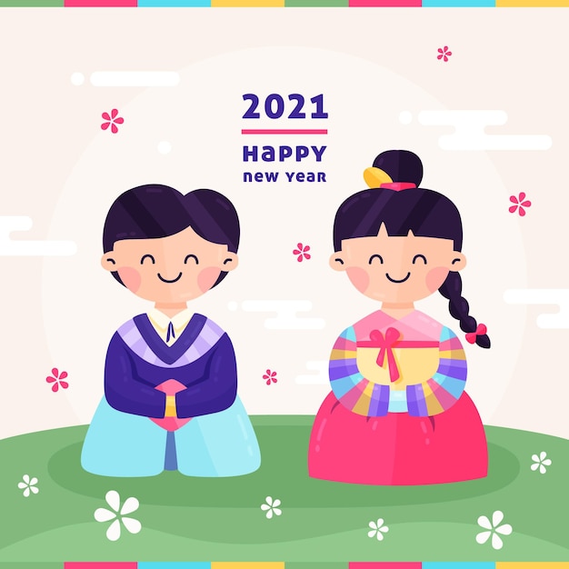 Free vector characters sitting on their knees korean new year