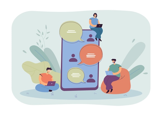 Free Vector chat conversation on mobile phone screen of tiny people. group of persons chatting in messenger flat vector illustration. social media, community concept for banner, website design or landing web page