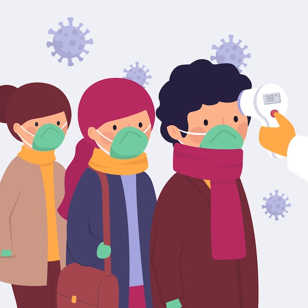 Free Vector checking body temperature people waiting in line