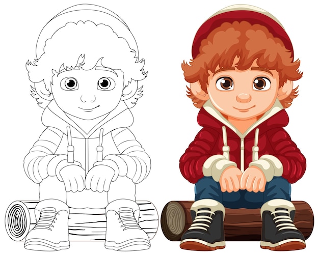 Free Vector cheerful boy in hoodie sitting on wooden log