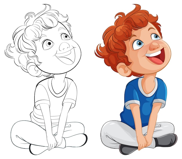 Free Vector cheerful boy sitting before and after coloring