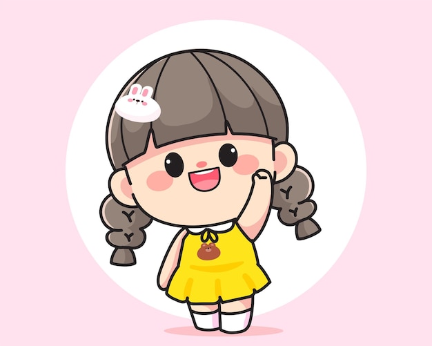 Free vector cheerful happy cute girl waving raised hand to say hello logo hand drawn cartoon art illustration