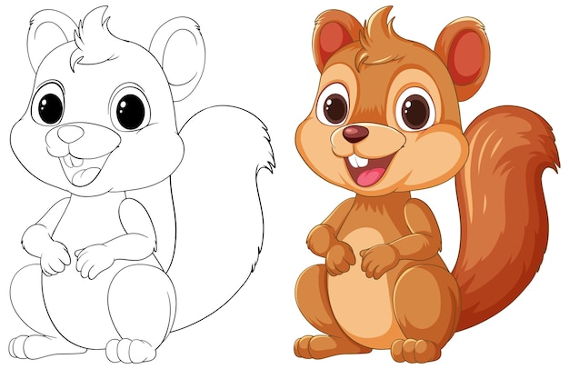 Free vector cheerful squirrel before and after coloring