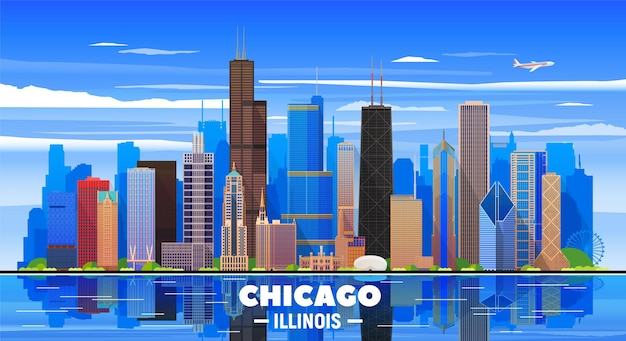 Chicago skyline on a background Flat vector illustration Business travel and tourism concept with modern buildings Image for banner or web site