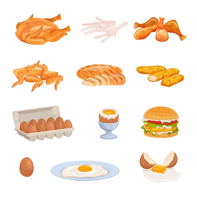 Free Vector chicken products flat set with isolated images of roasted meat fried and raw eggs with burger vector illustration