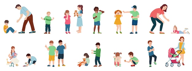 Free Vector children behaviour flat color icons with parents and their kids with different emotions isolated vector illustration