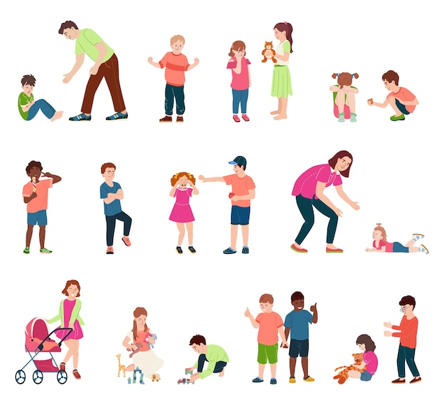 Free Vector children behaviour flat set of kids their friends and parents in different life situations isolated vector illustration