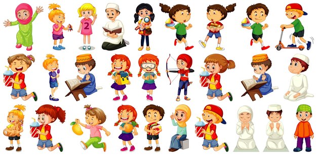 Children doing different activities cartoon character set on white background