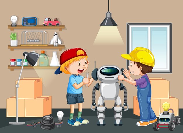 Children fixing a robot together in the room scene