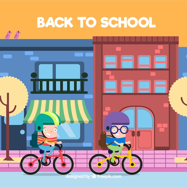 Free Vector children going to school on bicycle