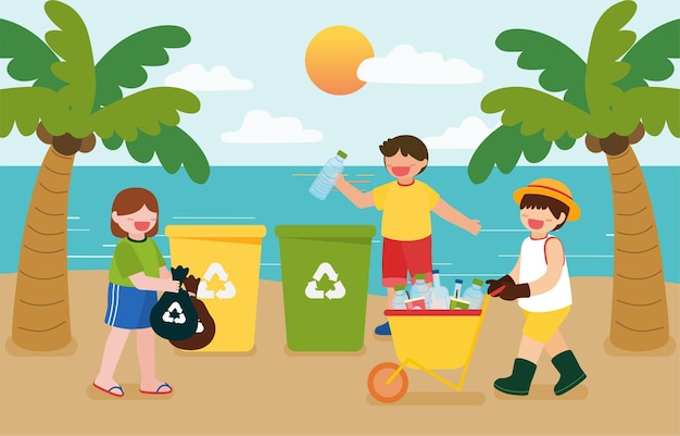 Children help collect plastic bottles in recycling bins on the beach for happy earth day in cartoon character