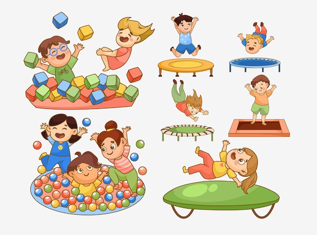 Free vector children jumping on trampoline cartoon illustration set. boys and girls playing in pool with soft cubes. kids having fun together on playground. leisure, entertainment concept