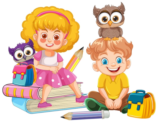 Free Vector children learning with owls