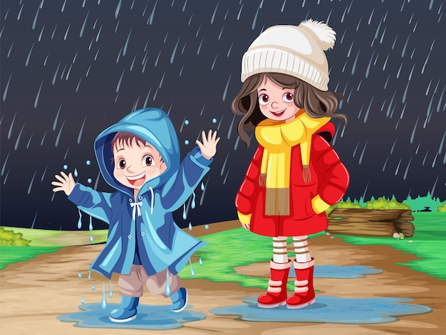 Free Vector children out in the rain in winter