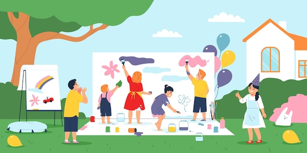 Free vector children party flat concept with kids painting together outdoors vector illustration