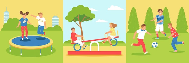 Free vector children playground design concept set children jump on trampoline ride swings and play soccer vector illustration