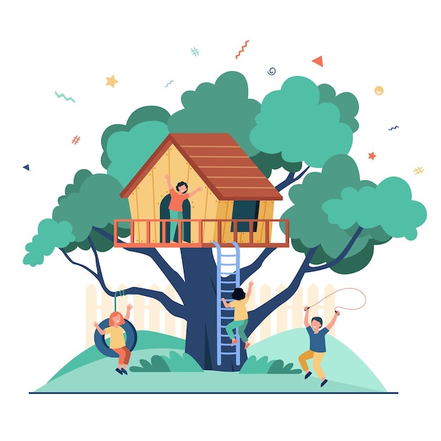 Free Vector children playing in playground with treehouse. boys and girls enjoying summer vacation, having fun in house on tree.