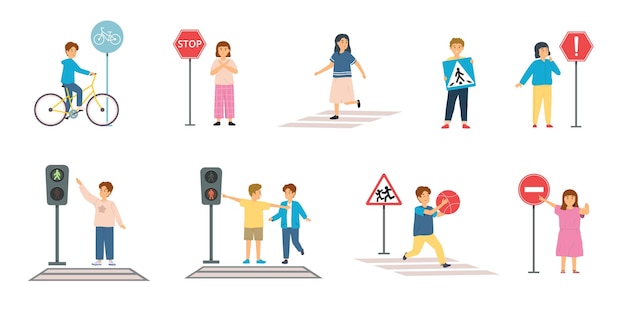 Free Vector children road rules set of isolated compositions with doodle characters of kids traffic signs and crosswalks vector illustration