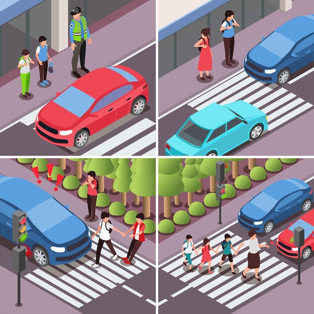 Free Vector children road safety rules 2x2 set of square compositions with isometric views of passing urban crosswalks vector illustration