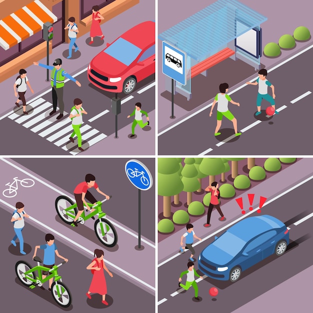 Free vector children road safety rules isometric 2x2 set with isolated outdoor views of people crossing streets  roads vector illustration