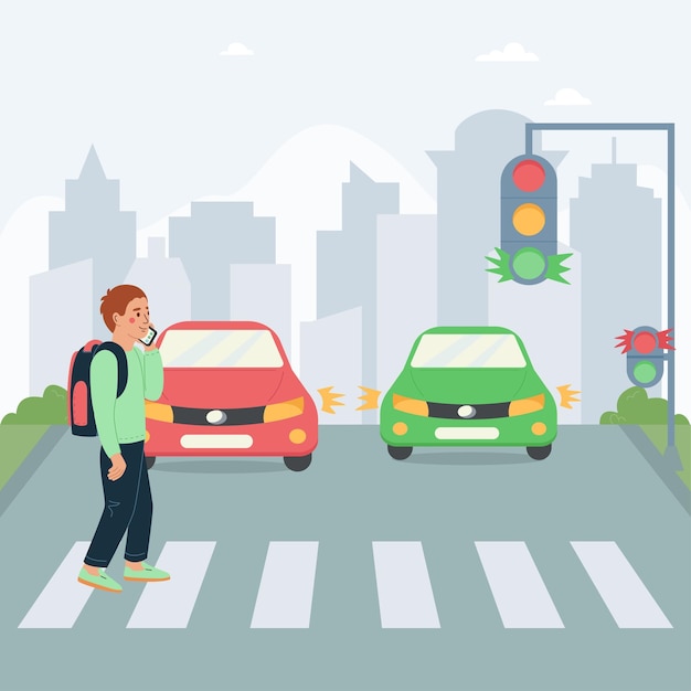 Free vector children safety flat poster with schoolboy crossing street at red traffic light and talking on phone vector illustration