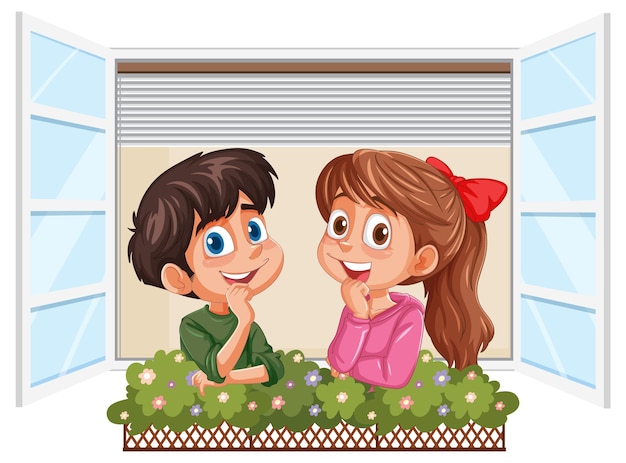 Free Vector children smiling by open window