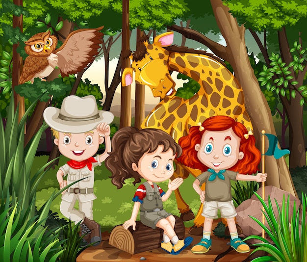 Free Vector children and wild animals in the woods