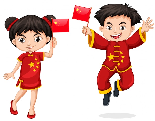 Free Vector chinese kids holding flag