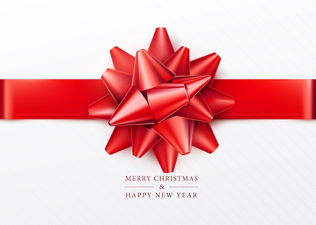 Free Vector christmas background. white gift box with red bow and ribbon. top view. greeting text sign. merry xmas and happy new year.