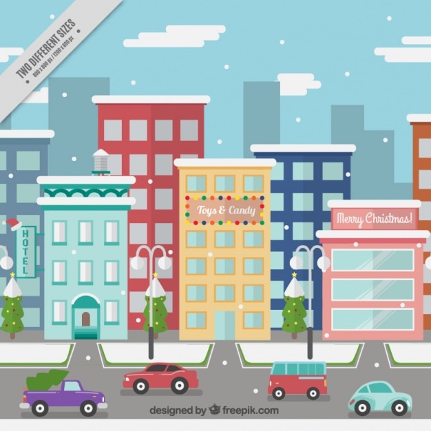 Free vector christmas city with buildings and cars in flat design