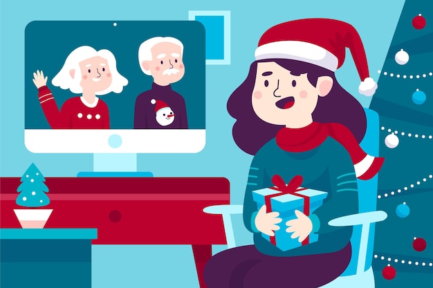 Free vector christmas family videocall illustration