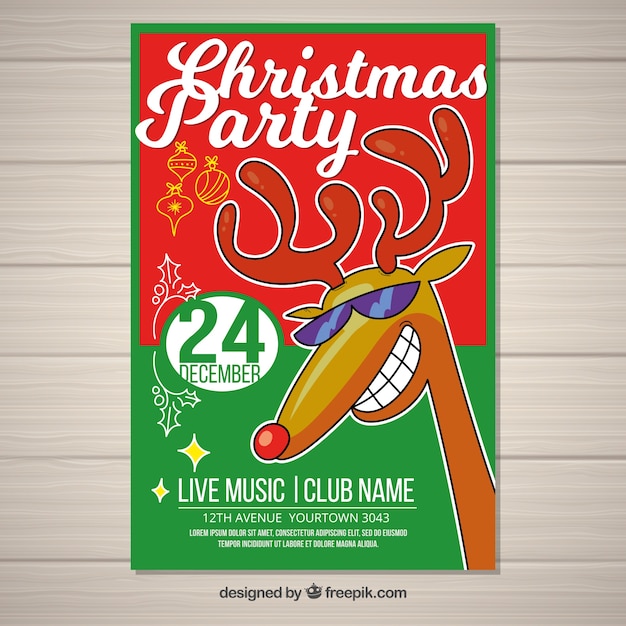 Christmas party poster with hand drawn reindeer 