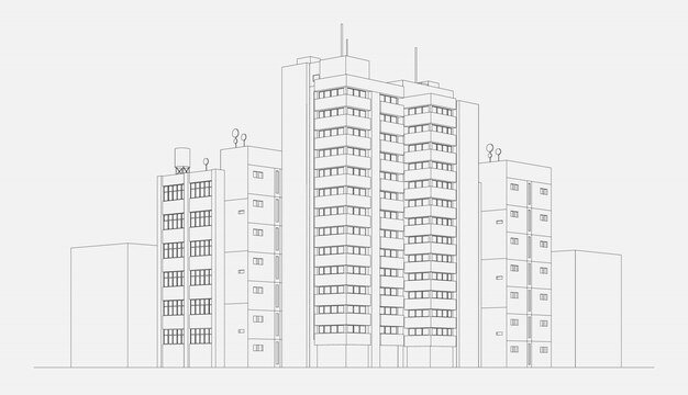 City architecture apartment building block with tower and skyscraper linear sketch vector illustration