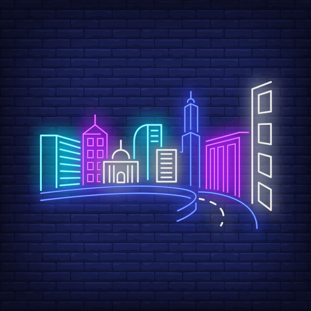 City buildings and road neon sign. 