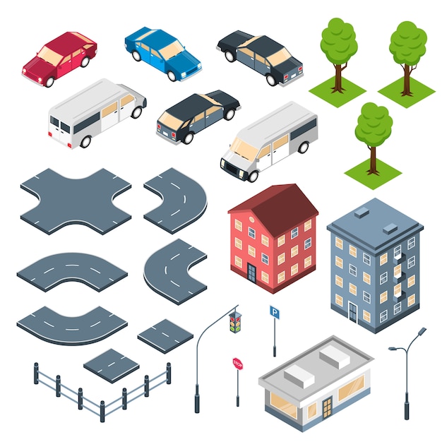 Free Vector city constructor isometric set with road elements crossroad town buildings and cars isolated