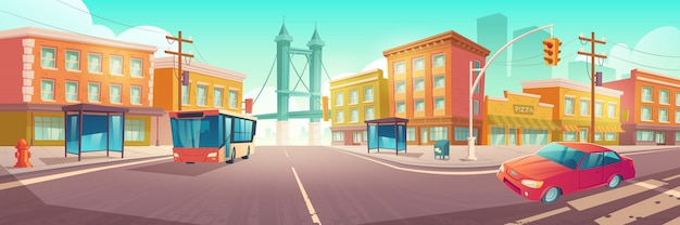 Free vector city crossroad with bus and car on intersection