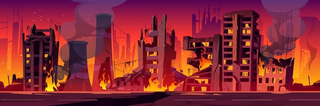 Free vector city in fire, war destroy burning broken buildings