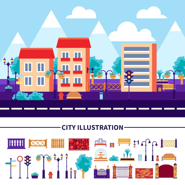 Free Vector city illustration icons set